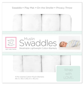 SwaddleDesigns - Muslin Swaddle Blankets, Set of 4, Pure White-Accessory-Paris Pink & Cowboy Blue Baby Boutique