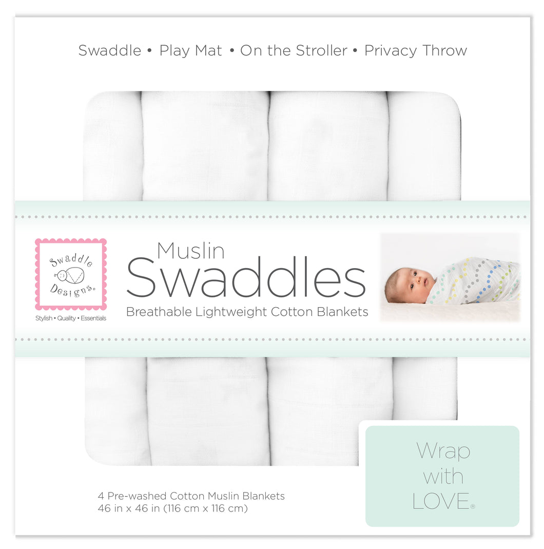 SwaddleDesigns - Muslin Swaddle Blankets, Set of 4, Pure White-Accessory-Paris Pink & Cowboy Blue Baby Boutique