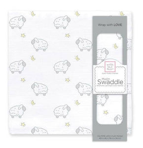 SwaddleDesigns - Little Lambs & Stars Muslin Swaddle Blanket, Premium Cotton-Paris Pink & Cowboy Blue Baby Boutique